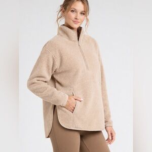 Zella Faux Sherpa Half Zip Pullover Jacket Medium Tan Cozy Fleece Athleisure